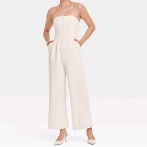 a new day Strapless Silky Cream Wide-Leg Jumpsuit Pantsuit with Pockets